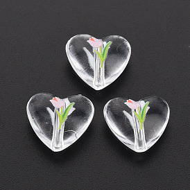 Transparent Printed Acrylic Beads, Heart with Flower