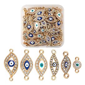 60Pcs 6 Style Light Gold Plated Alloy Links, with Crystal Rhinestone and Enamel, Evil Eye & Flat Round with Evil Eye