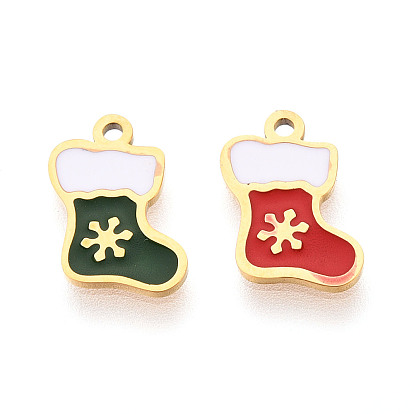 304 из нержавеющей стали шармы эмали, Рождественский носок с подвеской в виде снежинки, ионное покрытие (ip), реальный 14 k позолоченный