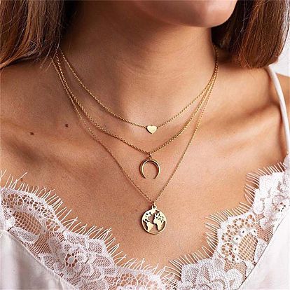 Geometric Circle Map Pendant Necklace - Fashionable and Minimalist Heart Alloy Collarbone Chain.