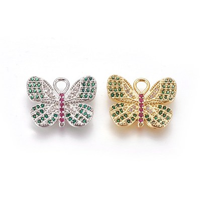 Brass Micro Pave Cubic Zirconia Pendants, Butterfly, Colorful