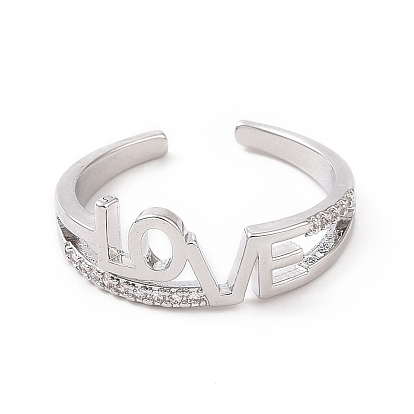 Clear Cubic Zirconia Word Love Open Cuff Ring, Brass Jewelry for Valentine's Day