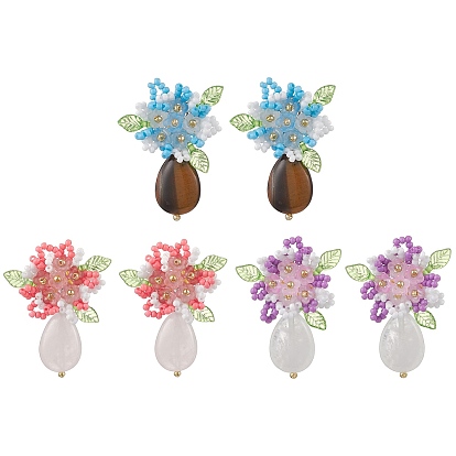 Серьги-гвоздики из натурального камня, стеклянные бусины ручной работы, цветок, платина