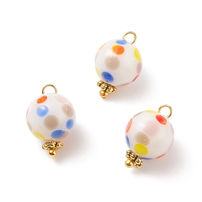 Handmade Lampwork Pendants, with Golden Plated Brass Loops, Round with Polka Dot Pattern