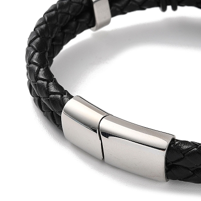Men's Braided Black PU Leather Cord Multi-Strand Bracelets, Helm 304 Stainless Steel Link Bracelets with Magnetic Clasps