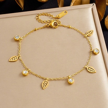 304 Браслеты из нержавеющей стали с подвесками из страз, браслеты-цепочки для женщин, лист и плоский круглый