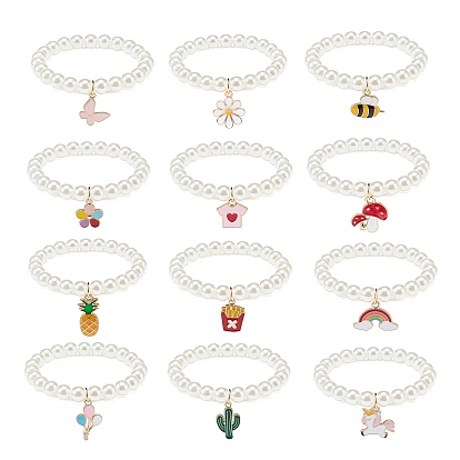 12Pcs 12 Style ABS Plastic Pearl Round Beaded Stretch Bracelets Set, Butterfly & Pineapple & Rainbow & Unicorn Alloy Enamel Charms Bracelets for Kid