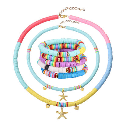 Stretch Bracelets and Pendant Necklace Jewelry Sets, with Handmade Polymer Clay Heishi Beads, Brass Spacer Beads, Alloy Findings