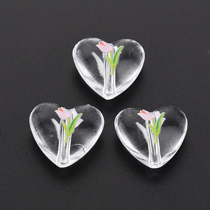 Transparent Printed Acrylic Beads, Heart with Flower