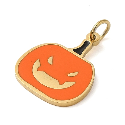 Halloween 304 Stainless Steel Charms, with Enamel and Jump Ring, Real 14K Gold Plated, Pumpkin Charm