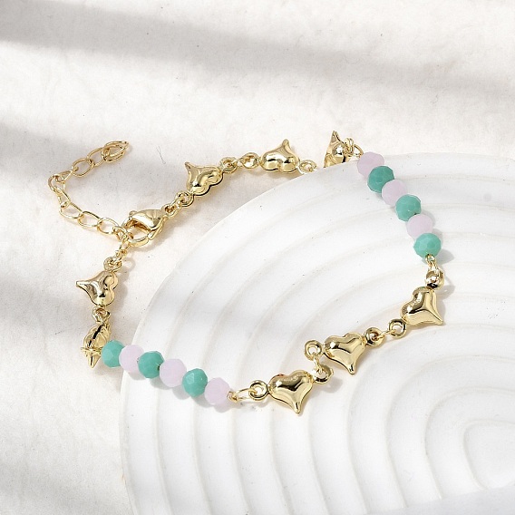 Браслет из латунных звеньев для женщин, сердце, с акриловыми шариками, стойки покрытие, долговечный, без свинца и без кадмия