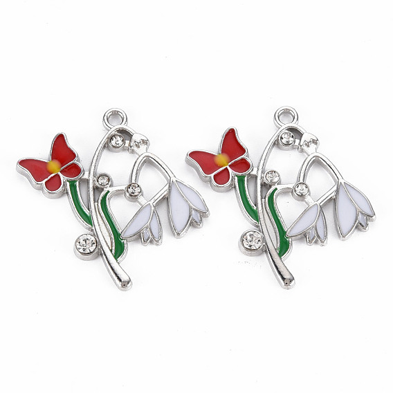 Alloy Pendants, with Enamel and Rhinestone, Platinum, Butterfly with Flower