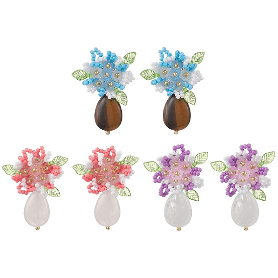 Серьги-гвоздики из натурального камня, стеклянные бусины ручной работы, цветок, платина