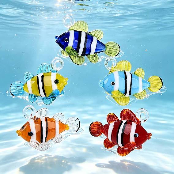 Handmade Lampwork Pendants, Clownfish with Stripe Charms