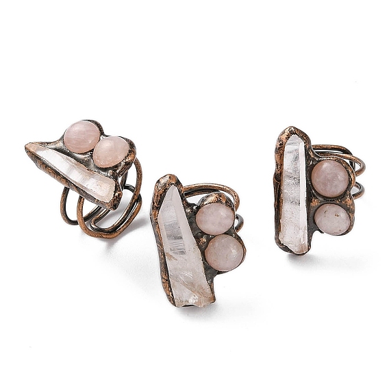 Регулируемые кольца самородки из кристаллов натурального кварца и розового кварца, женское латунное кольцо красного медного тона