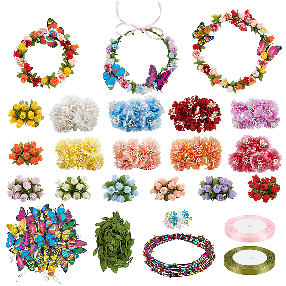 16Pcs Cloth Artificial Carnations Flower Bouquet, for Wedding Home Decoration, with Single Face Satin Ribbon, Foam Berry Vine and Leaf Polyester Lace Trim Ribbon