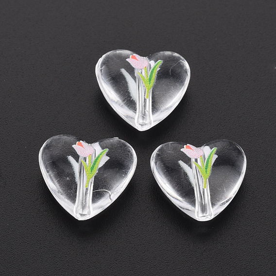 Transparent Printed Acrylic Beads, Heart with Flower