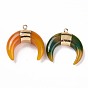 Natural Agate Pendants, with Light Gold Plated Brass Findings, Dyed & Heated, Horn Charm
