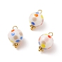 Handmade Lampwork Pendants, with Golden Plated Brass Loops, Round with Polka Dot Pattern