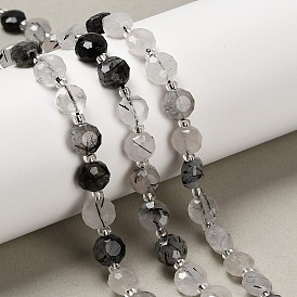 Натуральный турмалированный кварц / черный рутиловый кварц, плоско-круглые, граненые, с бисером