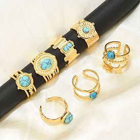 Кольца из натуральной бирюзы, 304 открытые манжеты из нержавеющей стали, реальный 18 k позолоченный
