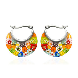 Плоские круглые 304 серьги-кольца из нержавеющей стали миллефиори, цвет нержавеющей стали