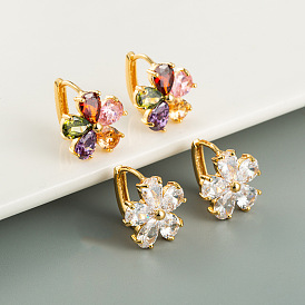 Sparkling Brass Flower Earrings with Micro Inlaid Zircon, Fashionable and Elegant Ear Studs