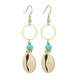 Natural Shell & Synthetic Turquoise Dangle Earrings, Alloy Ring Long Drop Earrings