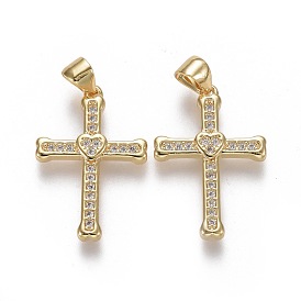 Brass Micro Pave Cubic Zirconia Pendants, Cross with Heart, Clear
