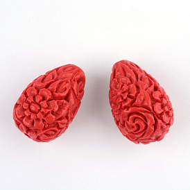 Carved Flower Cinnabar Beads, Drop, 20.5x13.5x13.5mm, Hole: 2mm