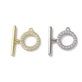 Rack Plating Brass Micro Pave Clear Cubic Zirconia Toggle Clasps, Lead Free & Cadmium Free, Ring