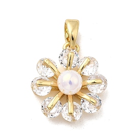 Латунные микро проложить кубического циркония подвески, цветок, с пластмассовой жемчужиной abs, долговечный, стойки покрытие, без свинца и без кадмия