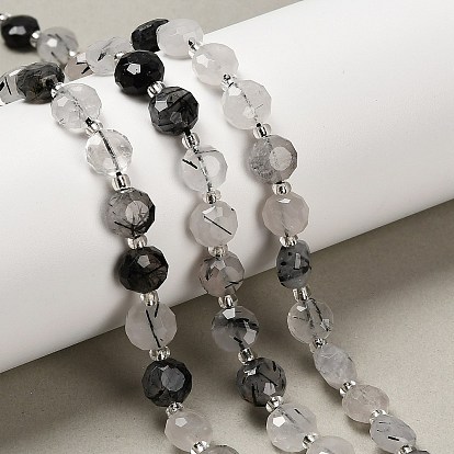 Натуральный турмалированный кварц / черный рутиловый кварц, плоско-круглые, граненые, с бисером