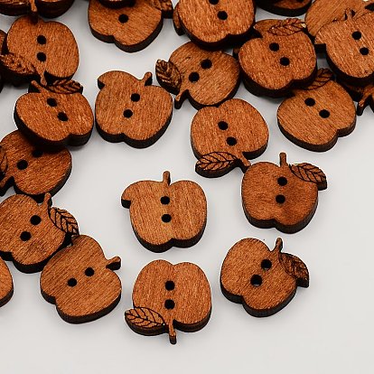 2-Hole Wooden Buttons, Apple Sewing Buttons, Undyed, 15x17x4mm, Hole: 2mm