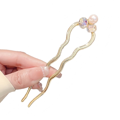 Alloy Hair Forks, Clover with Imitation Pearl