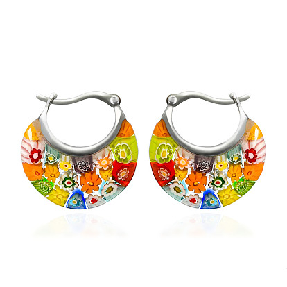 Плоские круглые 304 серьги-кольца из нержавеющей стали миллефиори, цвет нержавеющей стали