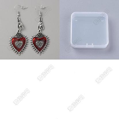 1 Pair FireBrick Enamel Rose with Heart Evil Eye Long Dangle Earrings, Bohemia Alloy Jewelry for Women