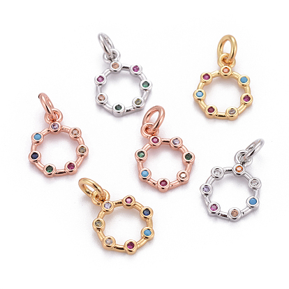 Brass Micro Pave Cubic Zirconia Charms, with Jump Rings, Ring, Colorful