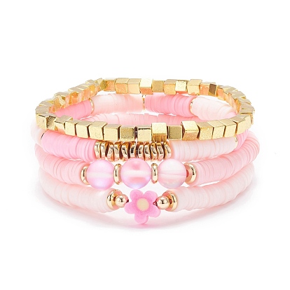 4 pcs 4 ensemble de bracelets extensibles en perles heishi en argile polymère de style, bracelets fleur preppy avec pierre de lune synthétique pour femme, or