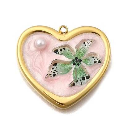 304 нержавеющей стальной эмали подвески, с пластиковыми жемчугом, сердце с цветочным шармом