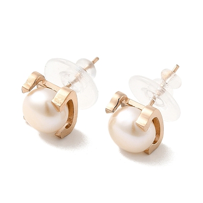 Natural Pearl Stud Earrings, 304 Stainless Steel Earrings