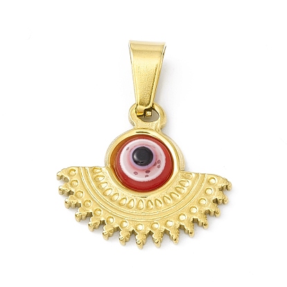 Vacuum Plating 304 Stainless Steel Resin Pendants, Golden, Fan Charms with Evil Eye