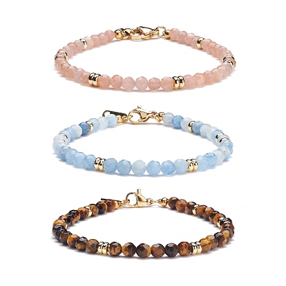 Ensemble de bracelets en perles de pierre naturelle reiki, pierre de soleil naturelle et aigue-marine et perles rondes d'oeil de tigre bracelets réglables pour les femmes, or