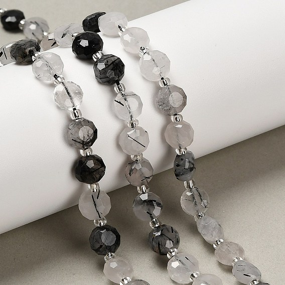 Натуральный турмалированный кварц / черный рутиловый кварц, плоско-круглые, граненые, с бисером