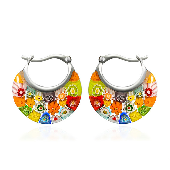 Плоские круглые 304 серьги-кольца из нержавеющей стали миллефиори, цвет нержавеющей стали