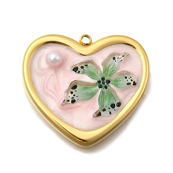 304 нержавеющей стальной эмали подвески, с пластиковыми жемчугом, сердце с цветочным шармом