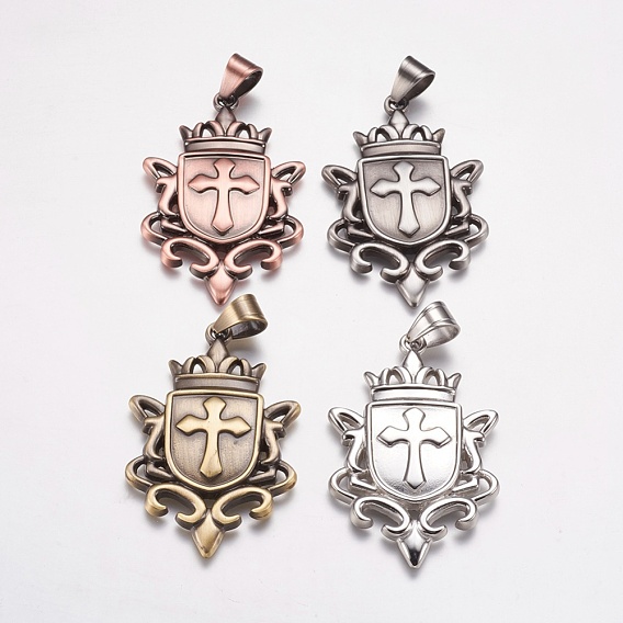 304 Stainless Steel Big Badge Pendants, Shield with Cross