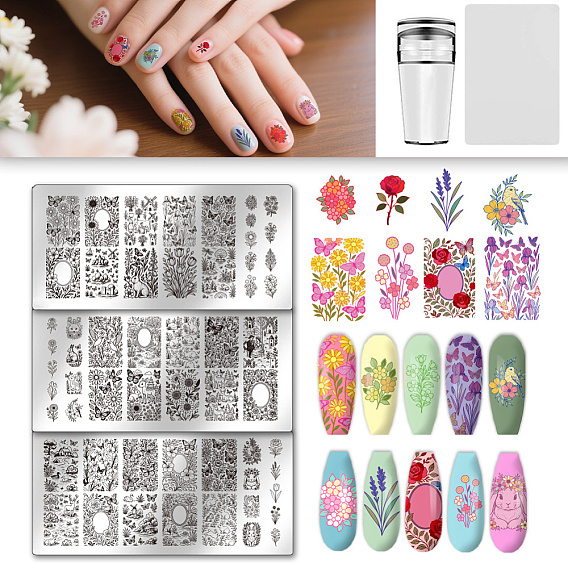 Шаблоны изображений для дизайна ногтей из пластика, с силиконовой печатью и скребком, с шаблонами для нейл-арта из нержавеющей стали, шаблонный инструмент