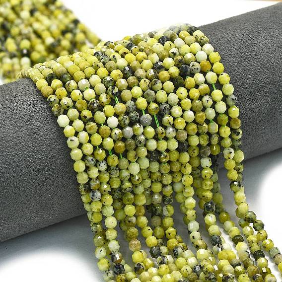 Бусы из натуральной желтой бирюзы (яшмы), энергетическая призматическая огранка с двойными концами бусины, граненые двухконусные