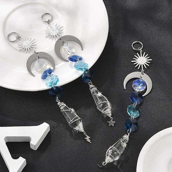 Подвеска из стекла в виде пули, обернутой проволокой, с подвесками из нержавеющей стали в виде луны, звезд, молний и латунными бусинами